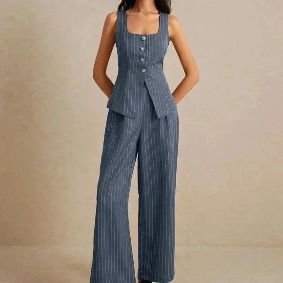 Gray Casual Women's Summer Old Money Striped Tank Top And Pants Set - Picture 3 of 8